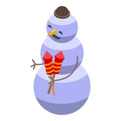 Sticker - Snowman with fireworks icon isometric vector. Winter hat. Cute snowman