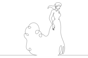 One continuous line.A woman in a beautiful dress. Women's fancy dress. Female character in a holiday dress. Long pretty hair. Portrait of a young woman. One continuous line is drawn on a white backgro