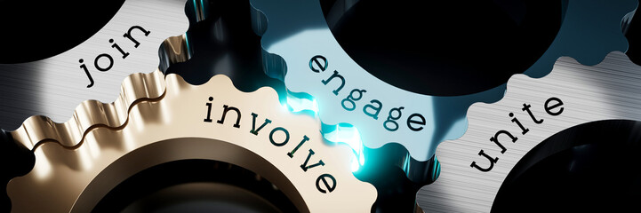 Poster - Join, engage, unite, involve - gears concept - 3D illustration