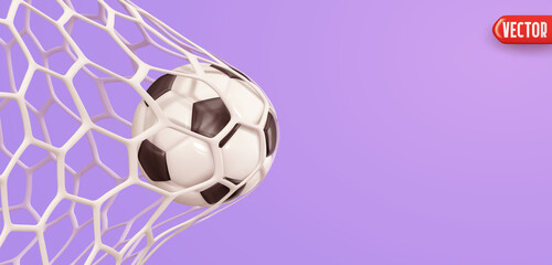 Soccer ball in the goal grid. Realistic 3d cartoon style design. Creative concept idea of Championship football season. Lilac Background with Soccerball isolated object. vector illustration.