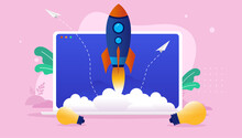 Startup Vector Illustration - Laptop Computer With Rocket Ship Launch. New Digital Business Concept. 