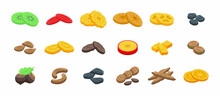 Dried Fruits Icons Set Isometric Vector. Apricot Fig. Food Raisin