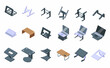 Laptop stand icons set isometric vector. Compute work. Office desk