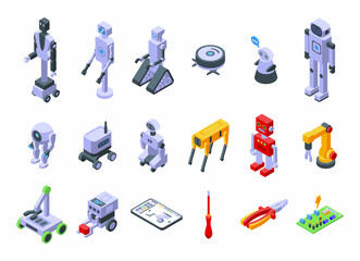 Wall Mural - Robotics icons set isometric vector. Tech smart. Bot future