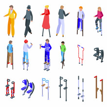 Stilt Icons Set Isometric Vector. Active Children. Boy People