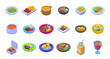 Caribbean cuisine icons set isometric vector. Chicken rice. Cooking cuisine