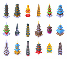 Pagoda Icons Set Isometric Vector. Asian Temple. Roof Japanese