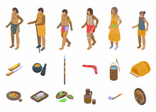 Aborigin Icons Set Isometric Vector. Cultural Africa. Totem Tribe