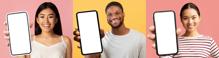 Asian ladies and black guy showing phones with empty displays