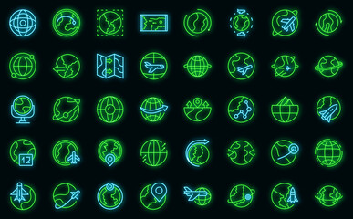 Wall Mural - Around the world icons set outline vector. Globe world. Arrow wire vector neon
