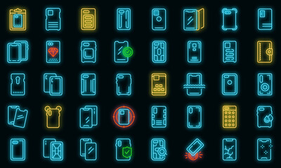 Canvas Print - Smartphone case icons set outline vector. Cover case. Glass crash vector neon
