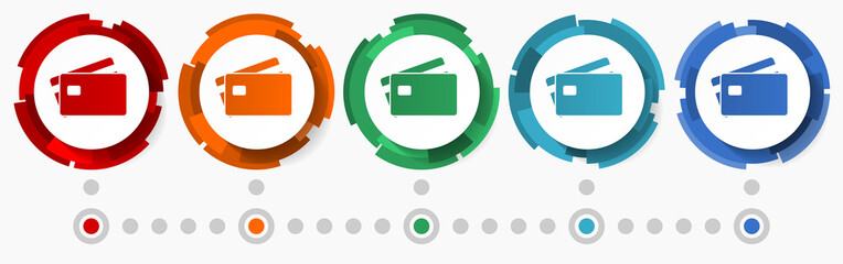 Poster - Credit card, business concept vector icon set, modern design abstract web buttons in 5 color options, infographic template for webdesign and mobile apps