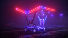 Neon Gas Station And Retro Car. Vintage Cyberpunk Auto. Fog Rain And Night. Color Vibrant Reflections On Asphalt. Shelby Cobra. 3D Illustration.