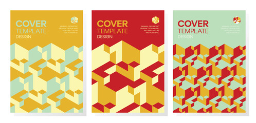 Wall Mural - set of trendy abstract isometric 3d optical illusion geometric shapes cover design.