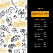 Menu Fast Food Cafe Restaurant Design Template. Flyer With Hand-drawn Graphic With Junk Food Illustration On Background.