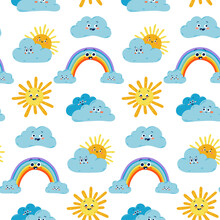 Vector Samless Pattern With Cute Smiling Sun, Rainbow And Clouds. Good Weather Hand Drawn Background For Kids Fashion, Nursery, Baby Shower