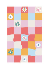 Wall Mural - Retro groovy wavy checkerboard with flowers. Trendy print. Vector hand drawn illustration.