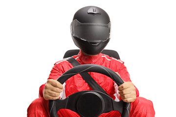 Wall Mural - Car racer with a helmet holding a steering wheel