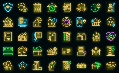 Sticker - Social housing icon outline vector. Home work. Safe house vector neon