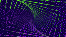 Neon Lighting Green Purple Line On Bluish Black Background. Optical Illusion. Dots. Innovation Technology Concept. Art Geometric Digital Screen. Luxury Backdrop. Template. NFT Card. Augmented Reality.