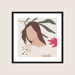 Wall Mural - Poster template with a woman and elements of nature.