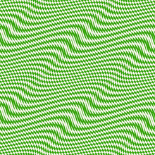 Vector Seamless Pattern With Optical Illusion Effect. Simple Abstract Background With Distorted Checkered Grid. Op Art Texture. Deformed Surface. Green Color. Trendy Retro Vintage Style Repeat Design