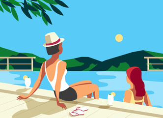 Girls couple rest in tourist resort swimming pool vector. Moutain scenic view background. Holiday vacation season travel leisure cartoon. Females rest in summer recreation hotel poolside illustration