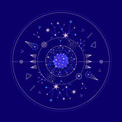 Wall Mural - Mysterious space round composition with planets and stars. Vector illustration on theme of astrology, astronomy, esotericism. Cosmic art. Celestial bodies. Cover, card, print on clothes, poster