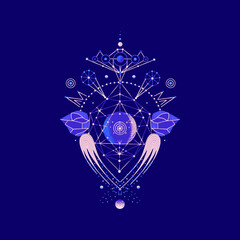 Wall Mural - Mysterious space composition of planets and stars. Vector illustration on theme of astrology, astronomy, esotericism. Cosmic art. Celestial bodies. Cover, card, print on clothes, poster