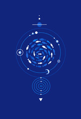 Wall Mural - Mysterious space composition of fish, cosmic bodies and circles. Underwater life. Esoteric marine composition. Ocean creatures. Blue, white colors. Illustration for t-shirt, cover, poster