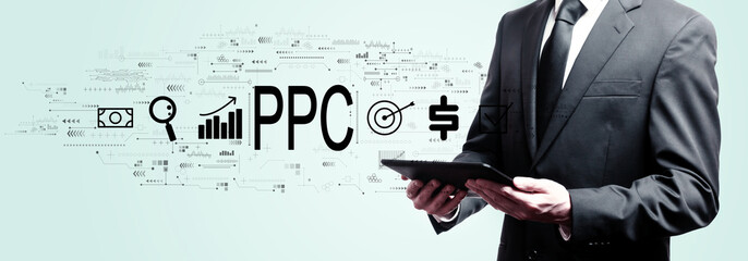 Poster - PPC - Pay per click concept with businessman holding a tablet computer