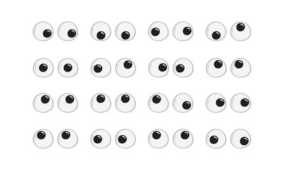 Googly plastic eye toy vector icon, animated doll, puppet wobbly eyeball, cartoon character collection isolated on white background. Cute silly illustration