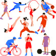 © Valeriia - A group of people who play sports. Swimming, fencing, boxing, gymnastics, running, cycling, ball games and tennis.