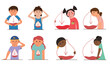 Children with hypoglycemia, low blood sugar, prediabetes. Set of characters with people. Vector illustration in flat style