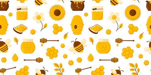 Honey vector seamless pattern, cartoon golden bee and honeycomb, hexagon isolated on white background. Cute illustration