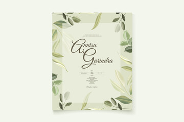 Wall Mural - Elegant wedding invitation card with beautiful green leaves template Premium Vector