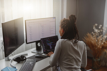 Rear of young woman looking at computer screen while working programming on laptop