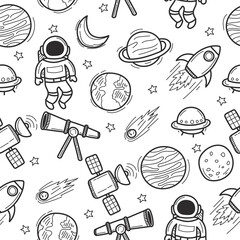 Canvas Print - space and astronaut seamless doodle pattern with a black and white color suitable for the background