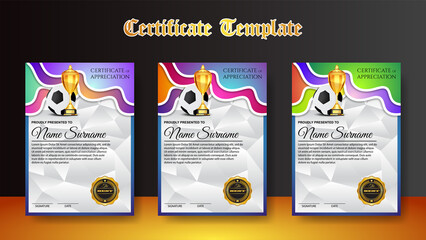 Soccer Game Certificate Diploma With Golden Cup Set Vector. Football. Sport Award Template. Achievement Design