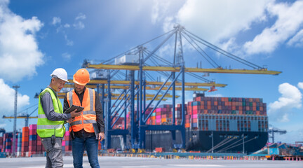 Fototapete - Engineer wearing uniform inspection and detail on tablet with logistics container dock cargo yard working crane bridge in shipyard transport logistic import export international logo background