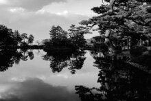 Kenrokuen Garden In Spring Reflected In Kasumi Pond; Kanazawa, Ishikawa Prefecture, Japan (black-and-white)