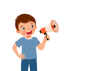 Wall Mural - cute little boy holding megaphone speaking and shouting making announcement