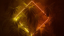 Tropical Leaves Illuminated With Yellow And Orange Fluorescent Light. Jungle Environment With Diamond Shaped Neon Frame.