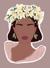 Sticker With A Black Woman In A Wreath Of Yellow Flowers. Flat Modern Illustration For Poster, Magazine, Book Cover