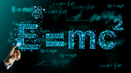 Wall Mural - albert einstein's low poly physics equation e mc 2 floats in air and shatters like a broken glass by