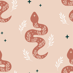 Wall Mural - Vector seamless pattern with boho snake. Print with magic serpent, moon phase, flowers and stars. Mystical esoteric background for digital paper, fabric design, phone case, wrapping, cover.