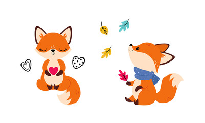 Wall Mural - Cute Red Fox in Scarf Watching Leaf Falling and Meditating in Yoga Pose Vector Set