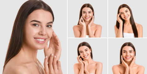 Poster - Collage with attractive young woman on light background. Skin care concept