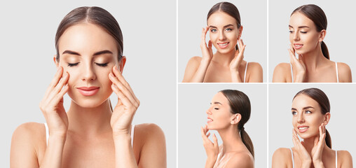 collage with pretty young woman on light background. skin care concept