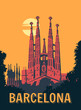 Barcelona VintageTravel Poster. Sagrada Familia Gaudi Basilica of Spain, sunset sky. Vector illustration